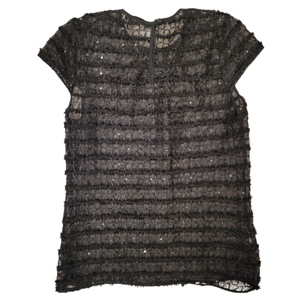Milly Sheer Black Sequin Striped Cap Sleeve Top Evening Glam Mesh Evening 2 - Picture 3 of 7